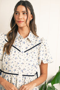 White Boho Ditsy Floral Puff Sleeve Pleated Shirt