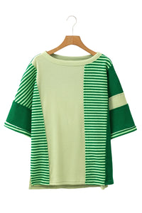 Mint Green Striped Patchwork Half Sleeve T Shirt