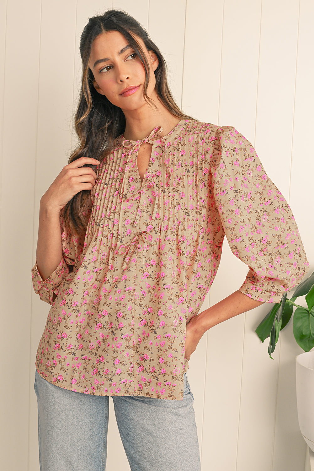 Light French Beige Ditsy Floral Print Bow Front Puff Sleeve Blouse