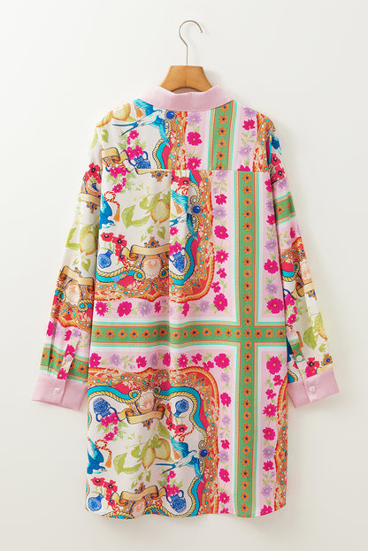 Multicolour Abstract Print Button Long Sleeve Shirt Dress
