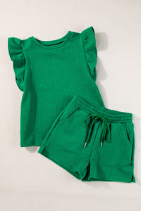 Bright Green Textured Ruffle Sleeve Tee & Drawstring Shorts Set