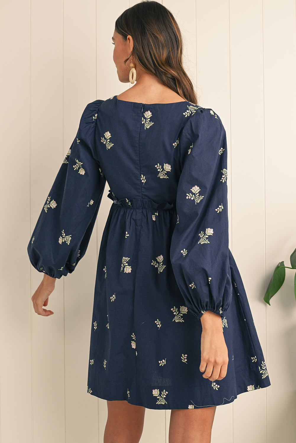 Blue Floral Embroidered Puff Sleeve Babydoll Dress