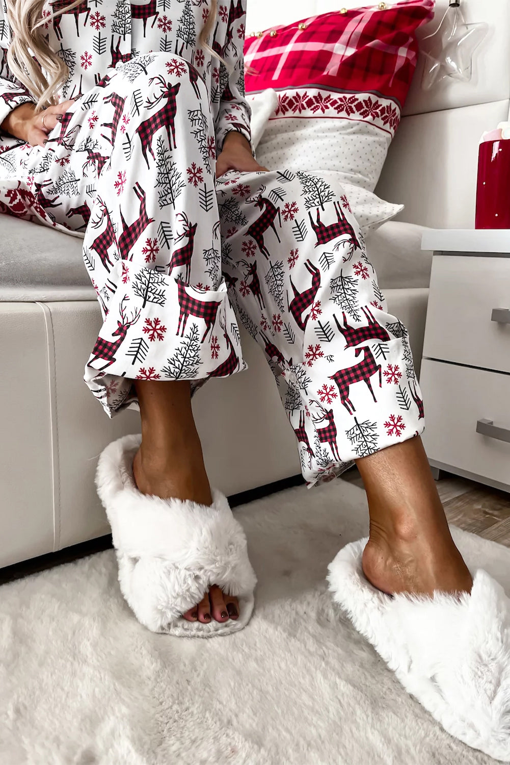 Light Grey Christmas Deer Printed Shirt and Pants Pajama Set