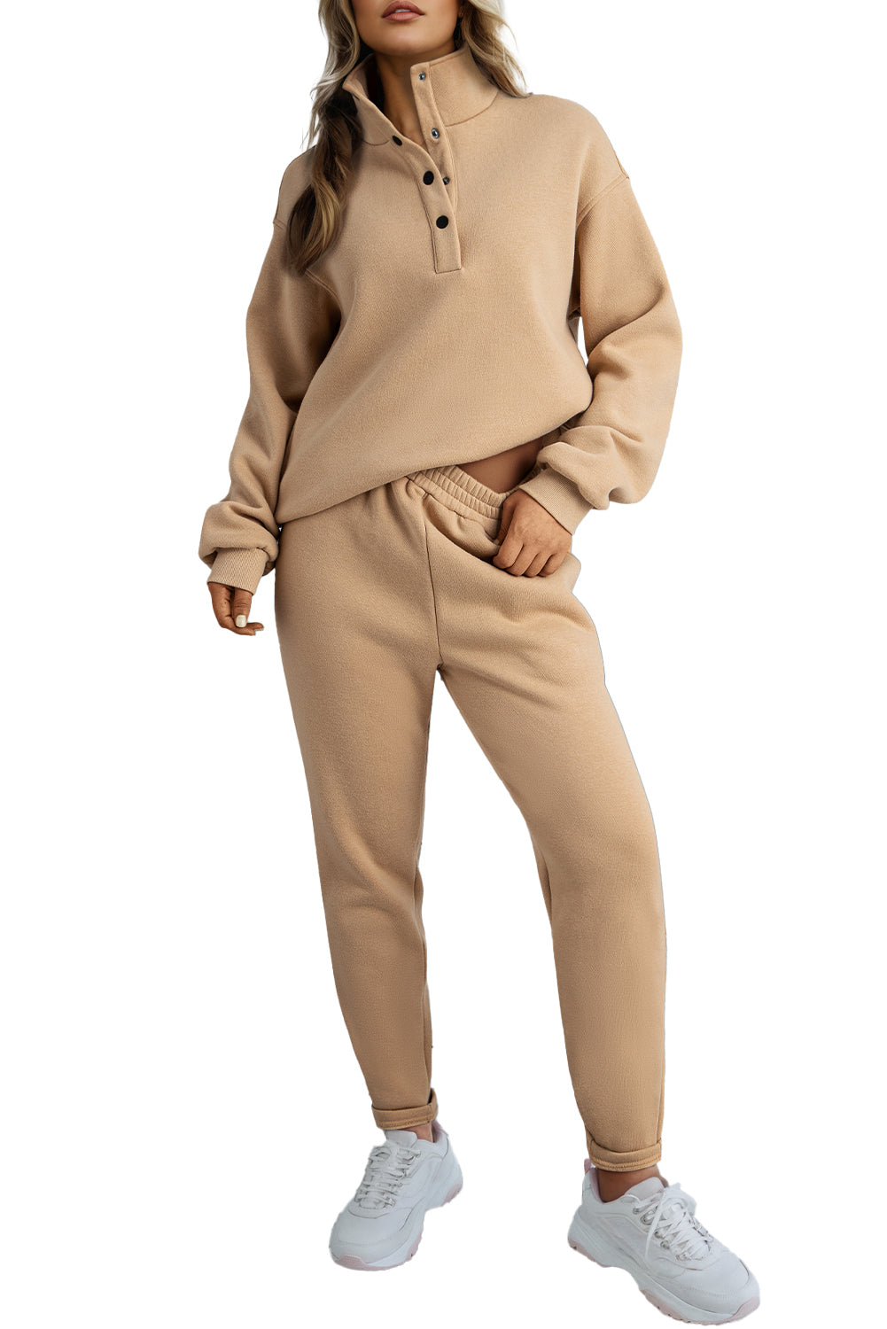 Parchment Solid Half Button Sweatshirt and High Waist Pants Set