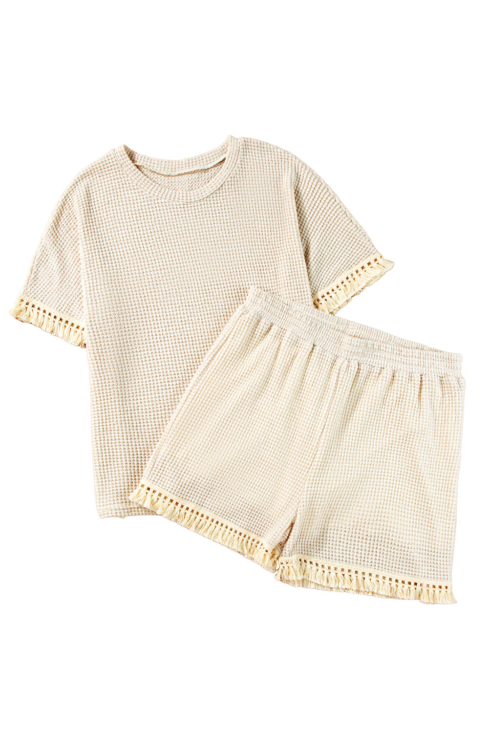 Beige Fringe Trim Waffle Knit Textured Shorts Set