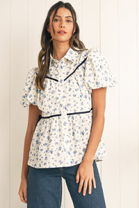 White Boho Ditsy Floral Puff Sleeve Pleated Shirt