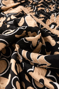 Black Boho Floral Smocked V Neck Bracelet Sleeve Blouse