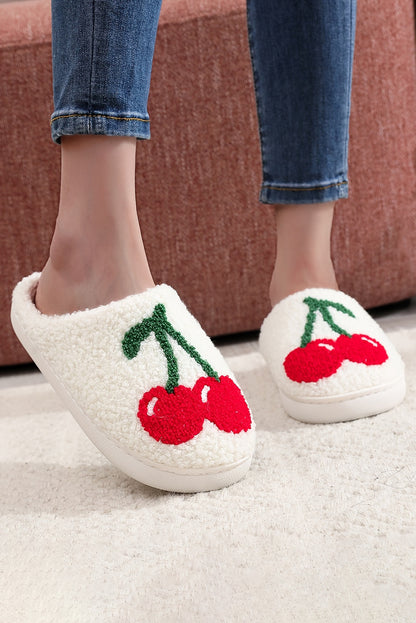 White Cute Fruit Cherry Open Heel Plush Slippers