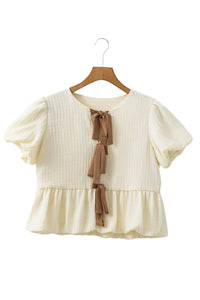 White Bow Front Babydoll Textured Blouse