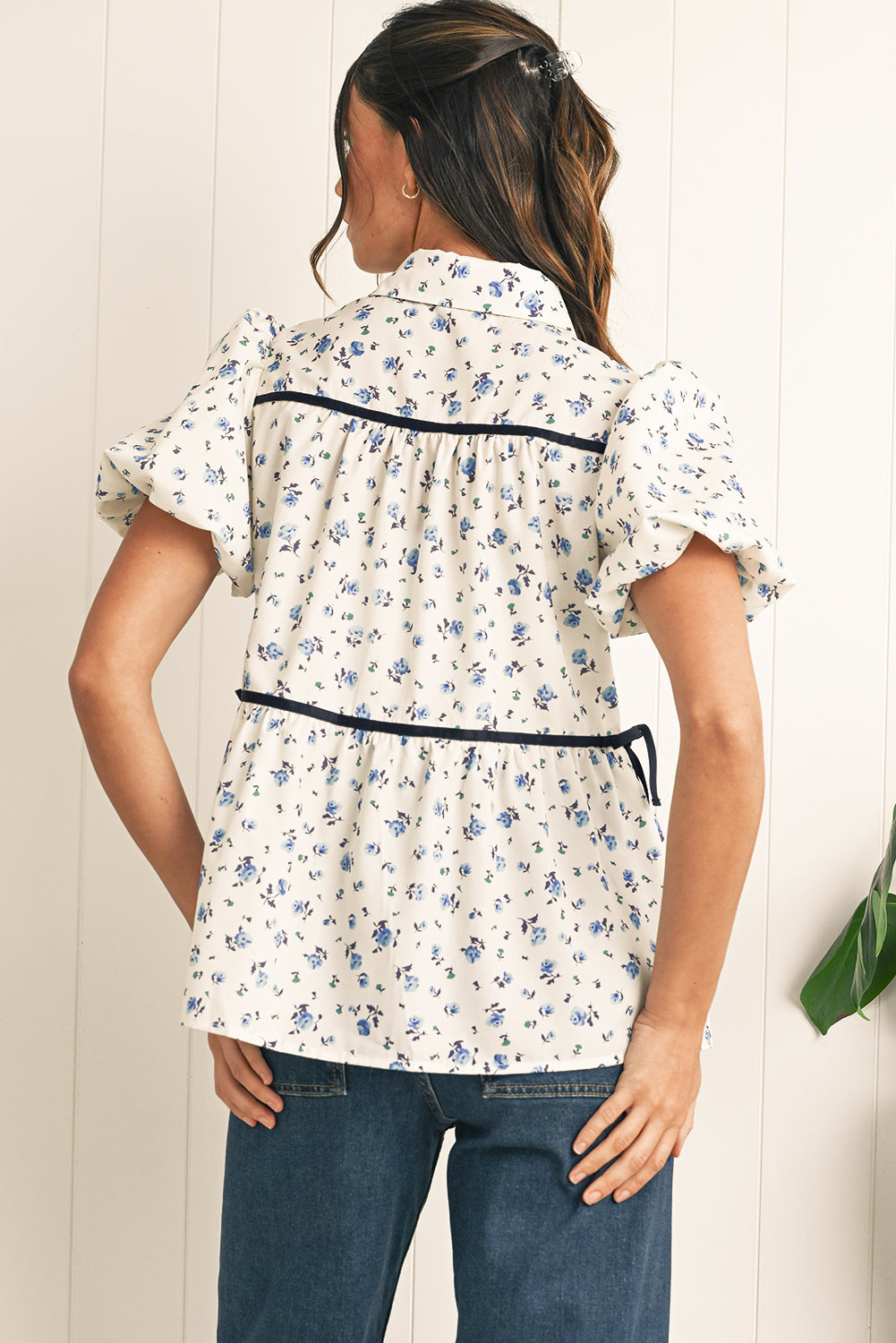 White Boho Ditsy Floral Puff Sleeve Pleated Shirt