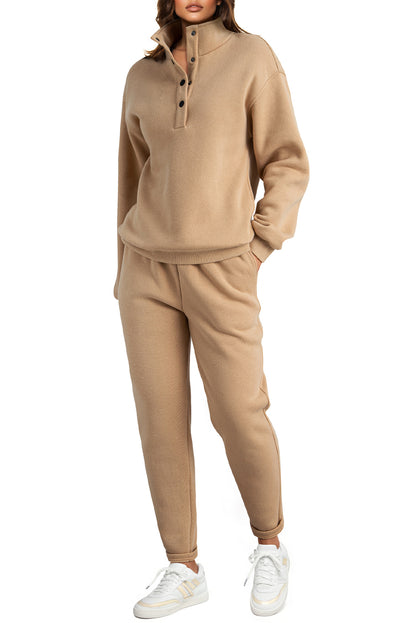 Parchment Solid Half Button Sweatshirt and High Waist Pants Set