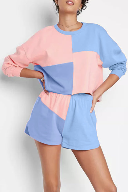 Sky Blue Colorblock Long Sleeve Top & Pocketed Shorts Set