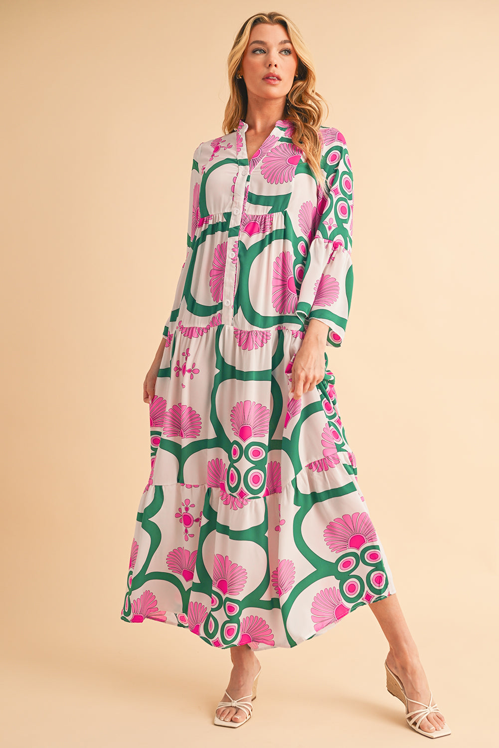 Pink Boho Abstract Button V Neck Oversized Maxi Dress