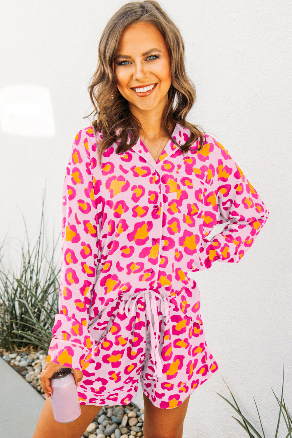 Orange Leopard Print Long Sleeve Shirt and Shorts Pajama Set