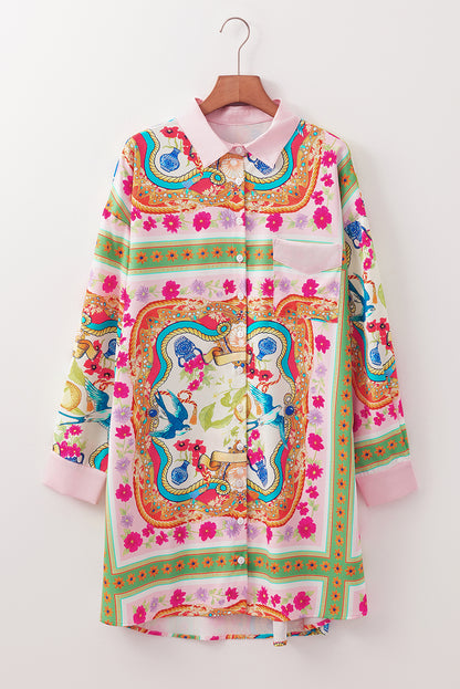 Multicolour Abstract Print Button Long Sleeve Shirt Dress