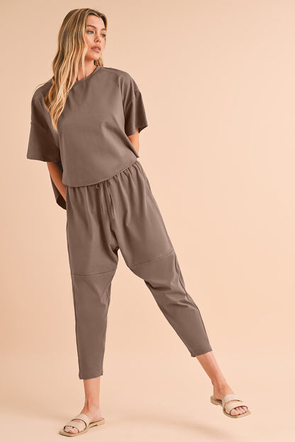 Taupe Batwing Sleeve High Low Tee and Drawstring Crop Pants Set