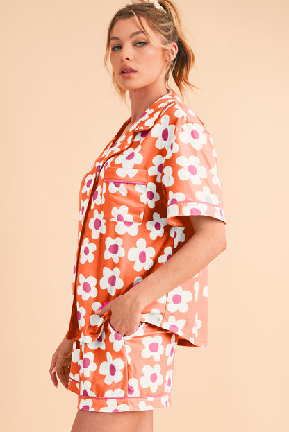 Pink Flower Print Buttoned Shirt and Drawstring Waist Pajama Set