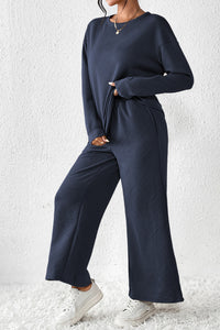 Dark Khaki Textured Loose Slouchy Long Sleeve Top and Pants Set