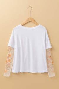 White Floral Mesh Patchwork Sleeve Fake Two-Piece Top