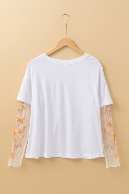 White Floral Mesh Patchwork Sleeve Fake Two-Piece Top