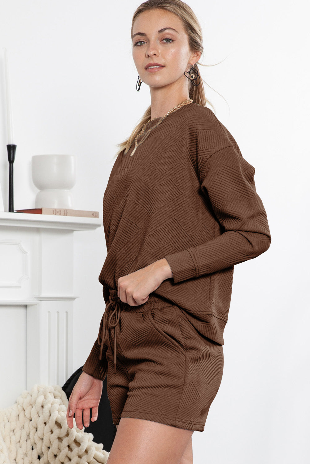 Apricot Textured Long Sleeve Top & Drawstring Shorts Set