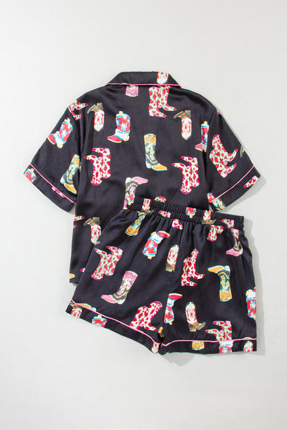 Black Boots Print Button-up Shirt and Shorts Pajama Set