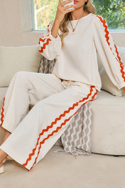 White Ric Rac Trim Long Sleeve Top and Wide Leg Pants Set