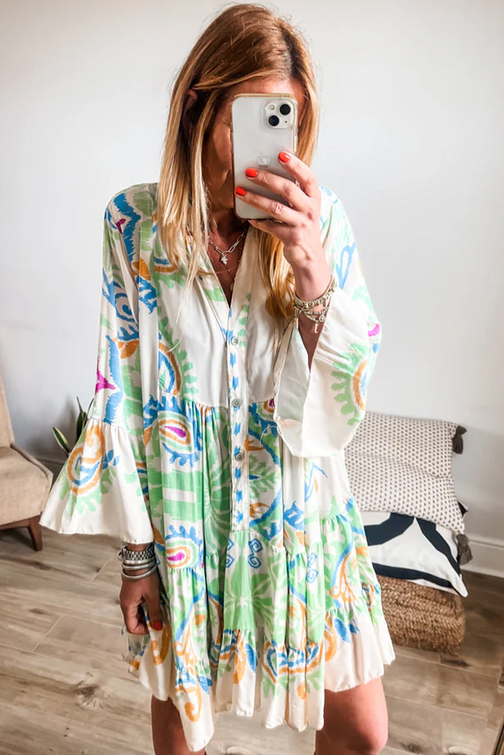 Green Ethnic Print Boho Tiered Mini Flowy Dress