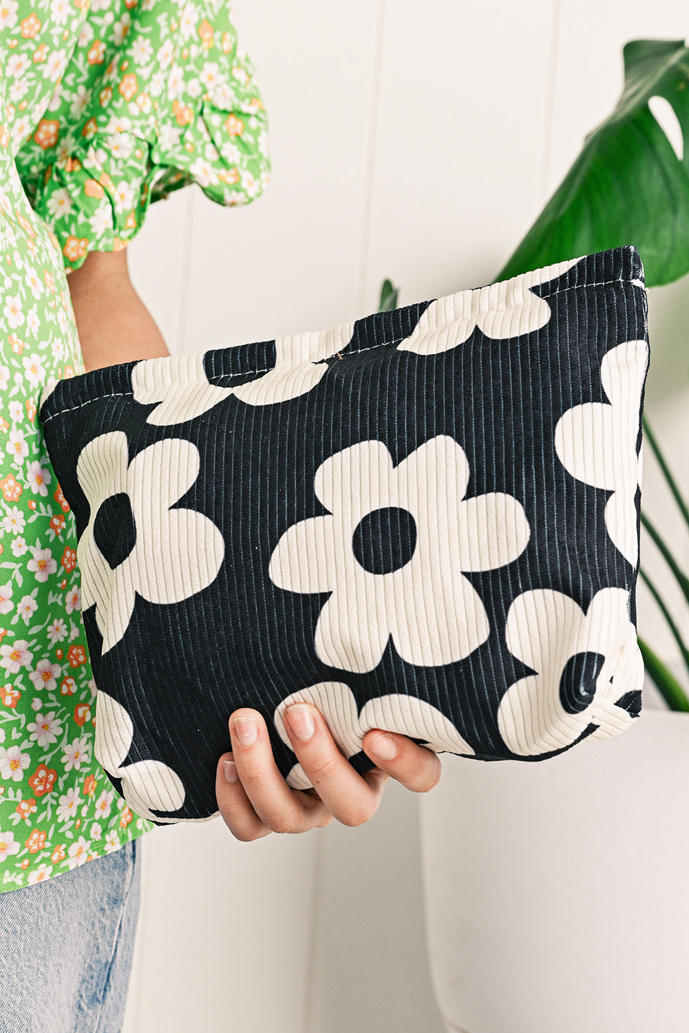 Black Flower Printed Rib Textured Cosmetic Bag