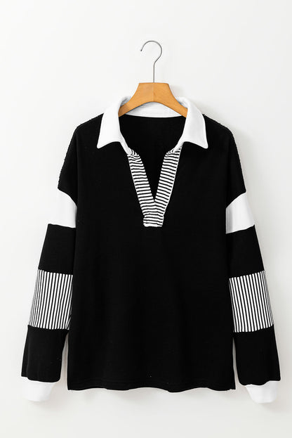 Dark Blue Striped Patchwork Collar Sweatshirt