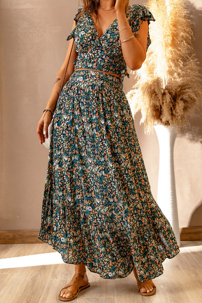 Ditsy Floral Print Ruffled Crop Top & Flounce Hem Maxi Skirt Set