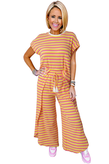 Pink Stripe Rainbow Tee and Tassel Drawstring Wide Leg Pants Set