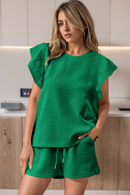 Bright Green Textured Ruffle Sleeve Tee & Drawstring Shorts Set