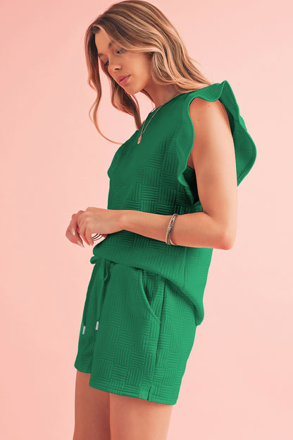 Bright Green Textured Ruffle Sleeve Tee & Drawstring Shorts Set