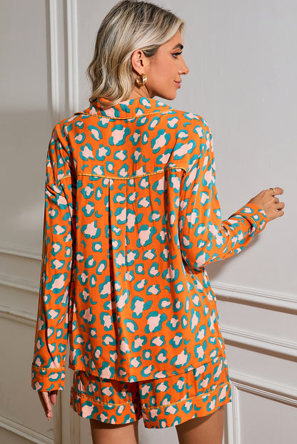 Orange Leopard Print Long Sleeve Shirt and Shorts Pajama Set