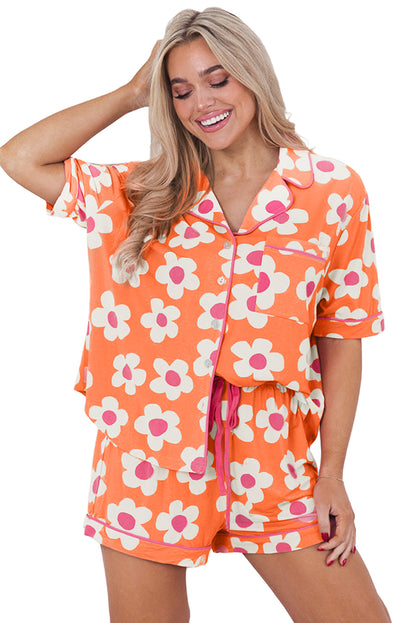 Pink Flower Print Buttoned Shirt and Drawstring Waist Pajama Set