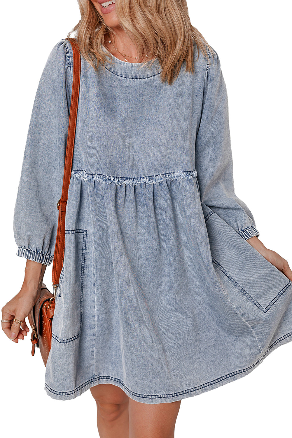 Beau Blue Light Wash High Waist Loose Fit Denim Mini Dress