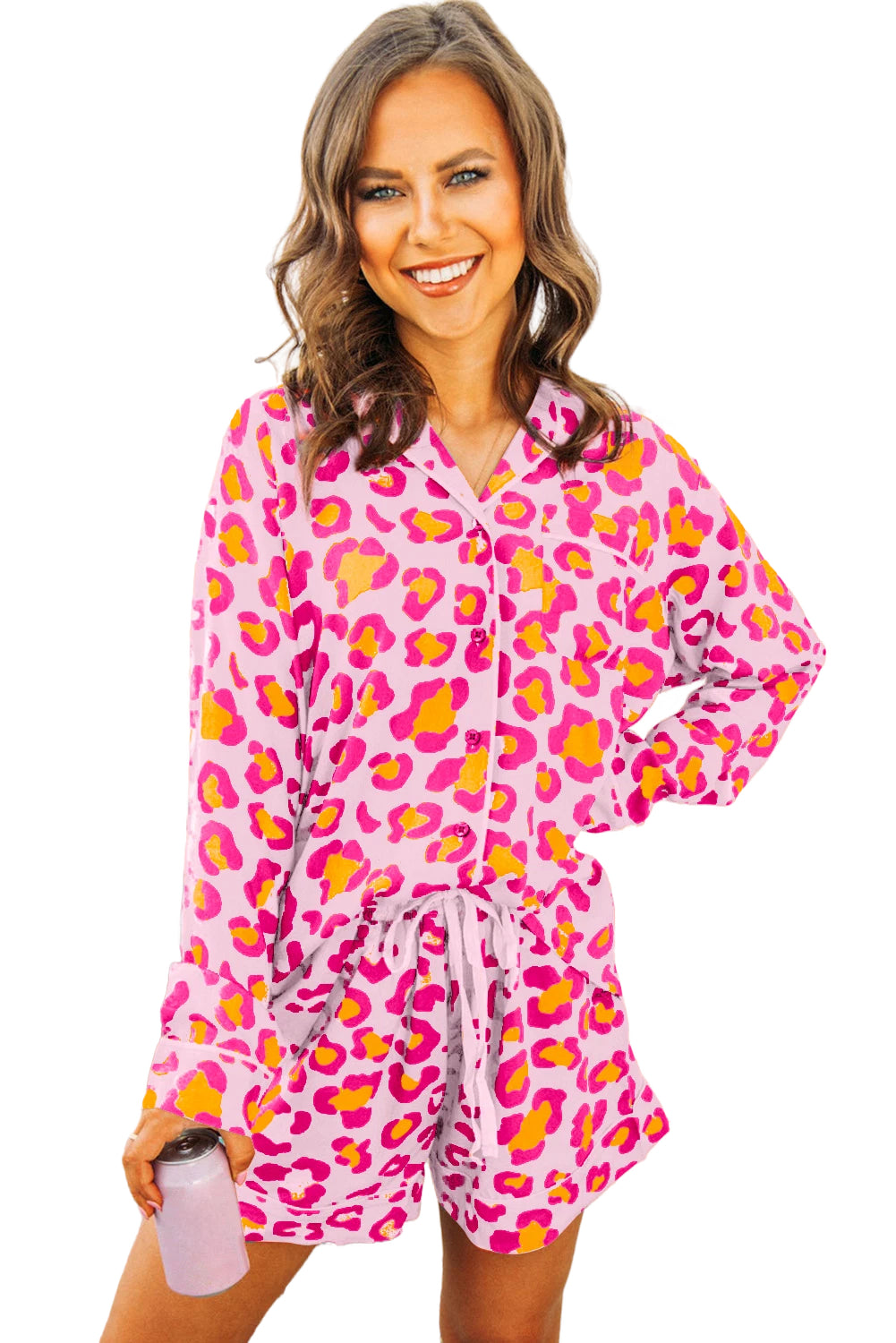 Orange Leopard Print Long Sleeve Shirt and Shorts Pajama Set