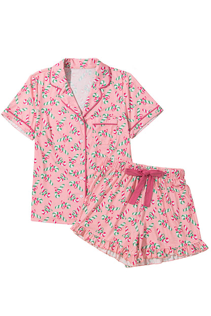 Red Christmas Candy Cane Print Pajama Set