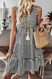 Rose Stripe U Neck Sleeveless Loose Fit Mini Dress