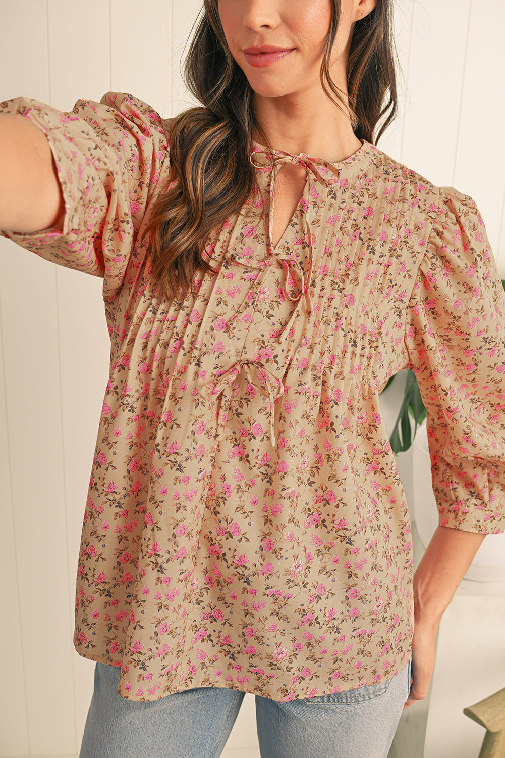 Light French Beige Ditsy Floral Print Bow Front Puff Sleeve Blouse