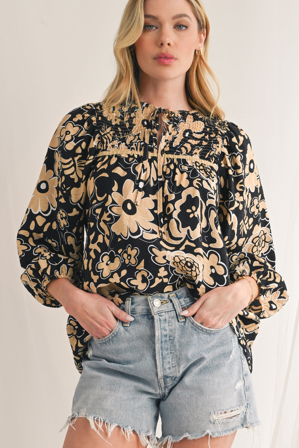 Black Boho Floral Smocked V Neck Bracelet Sleeve Blouse