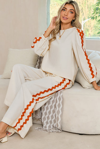 White Ric Rac Trim Long Sleeve Top and Wide Leg Pants Set