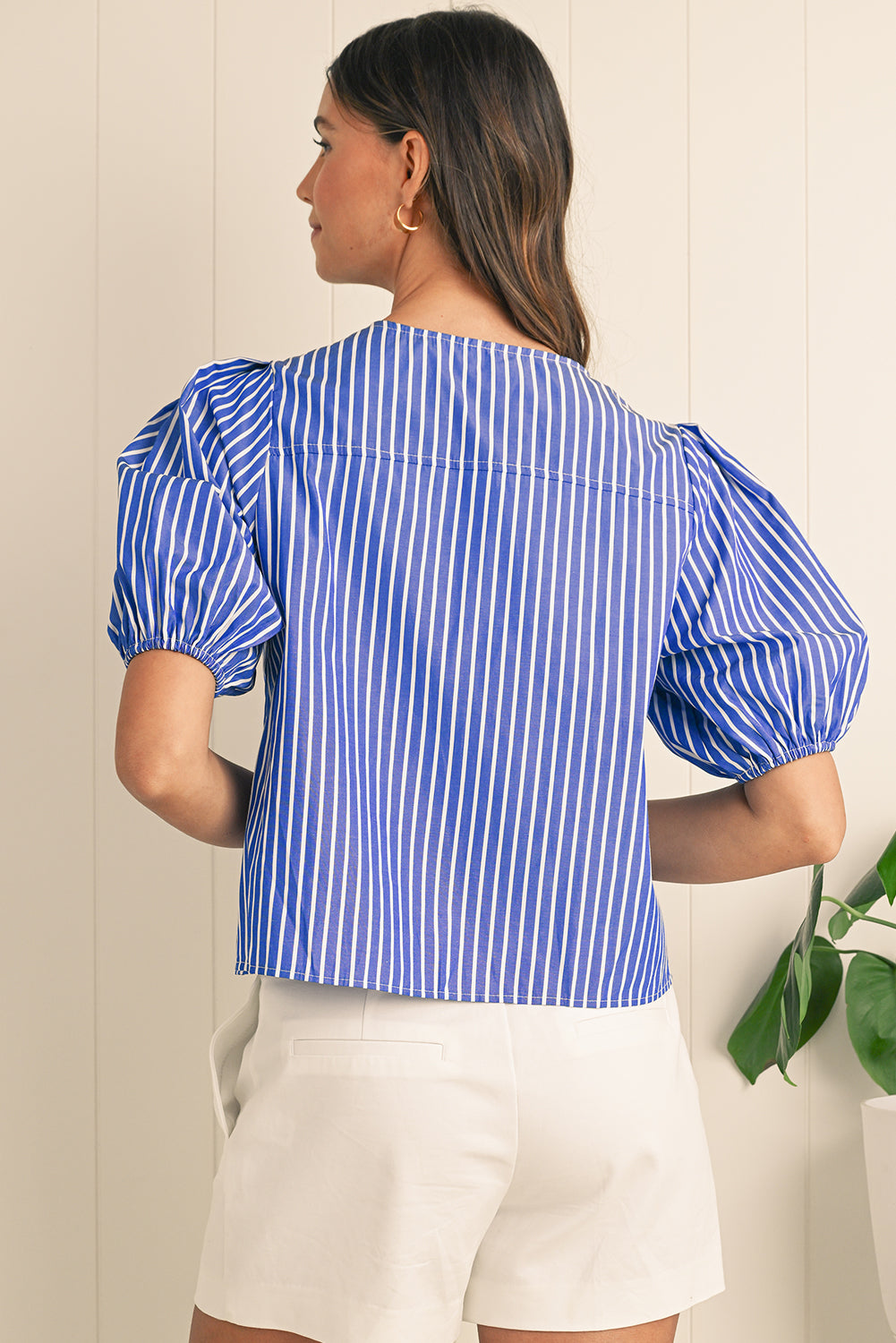 Blue Stripe Bow Tie Front Puff Short Sleeve Blouse