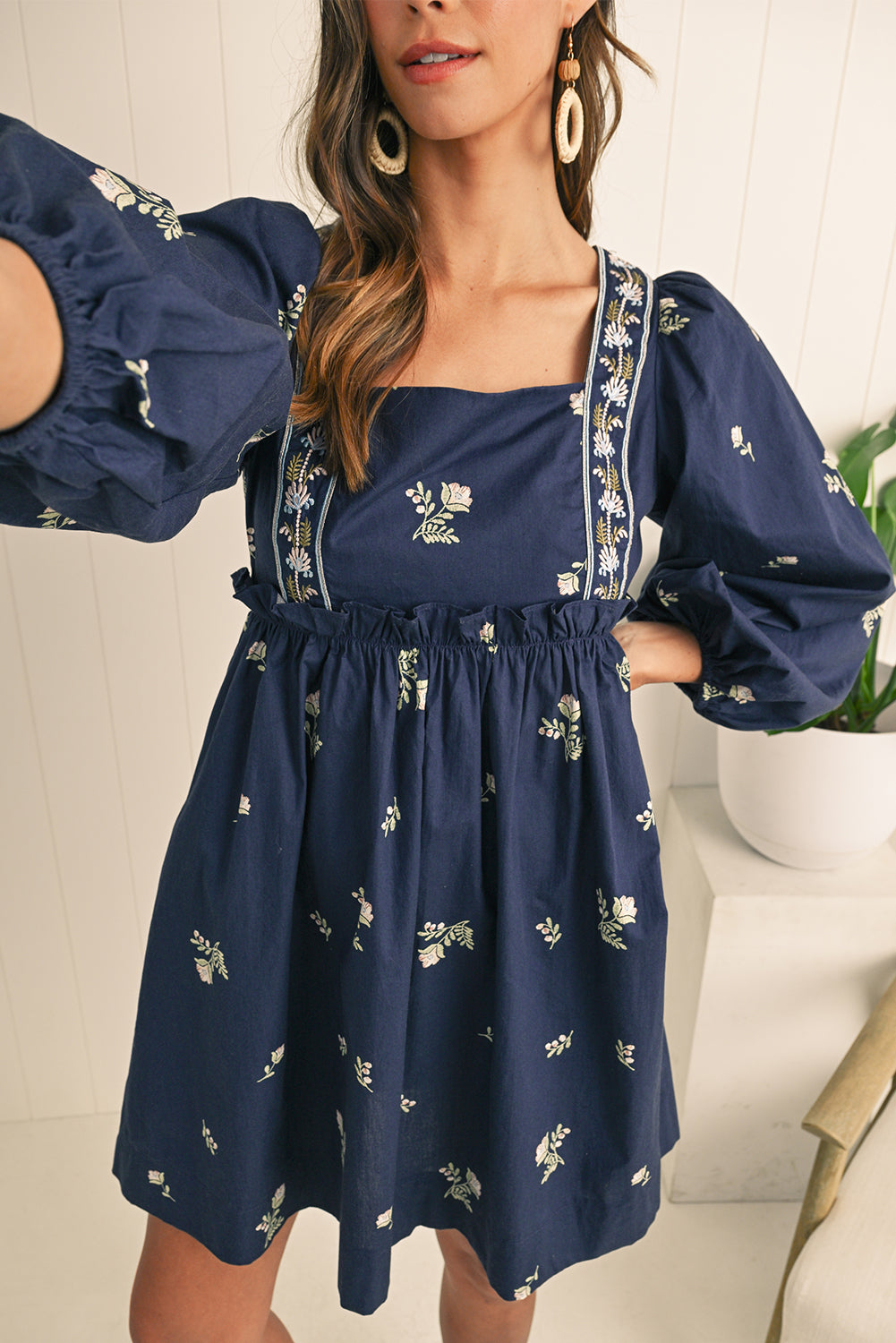 Blue Floral Embroidered Puff Sleeve Babydoll Dress