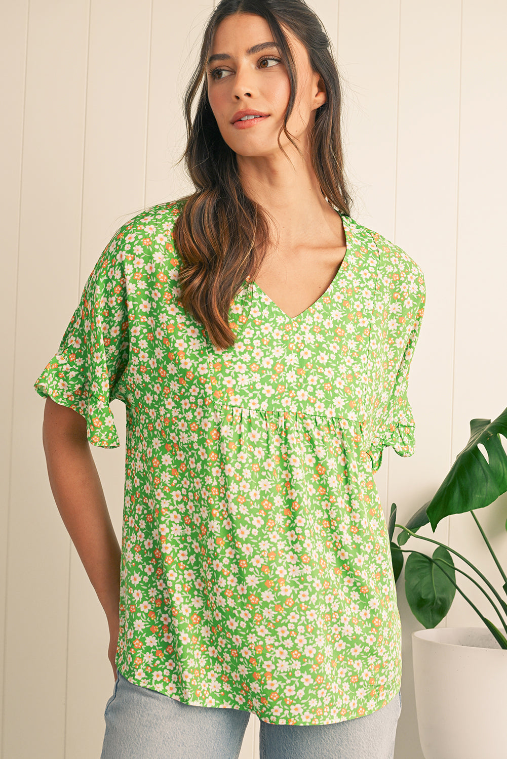Green Floral Print Ruffle Sleeve V Neck Pleated Blouse