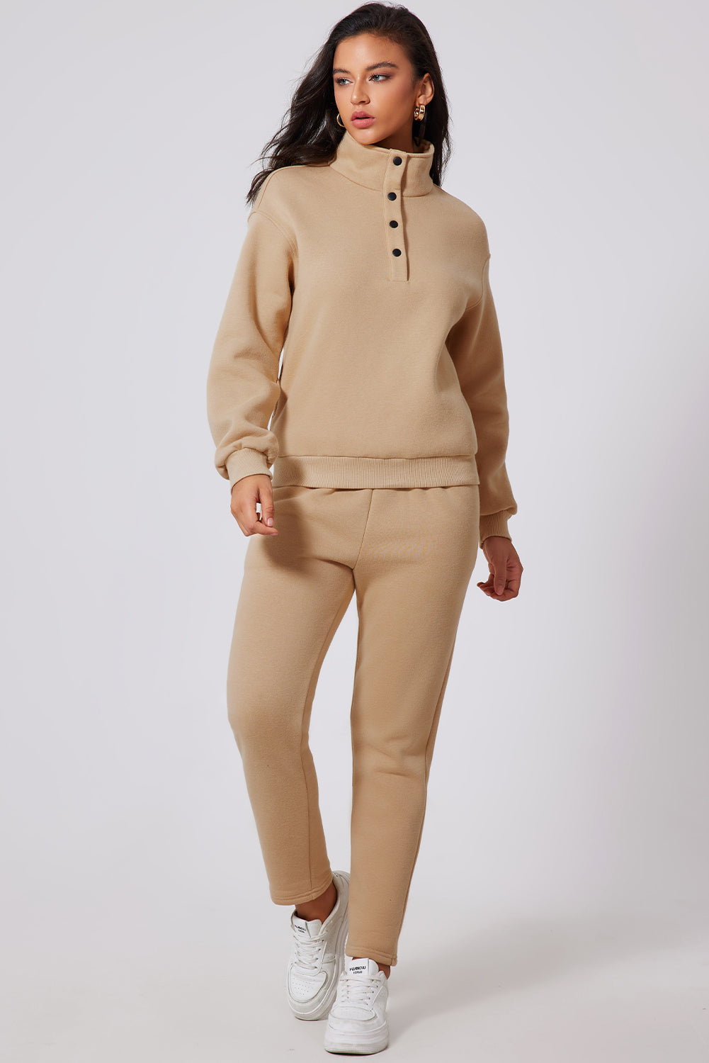 Parchment Solid Half Button Sweatshirt and High Waist Pants Set