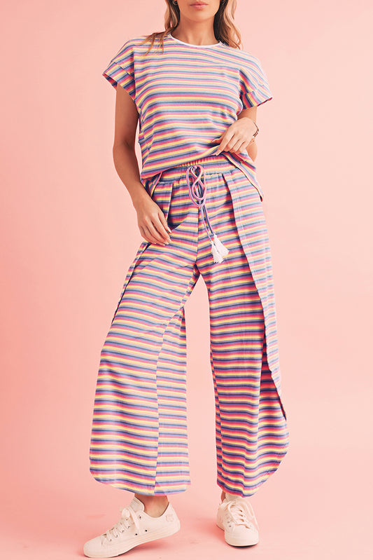 Pink Stripe Rainbow Tee and Tassel Drawstring Wide Leg Pants Set