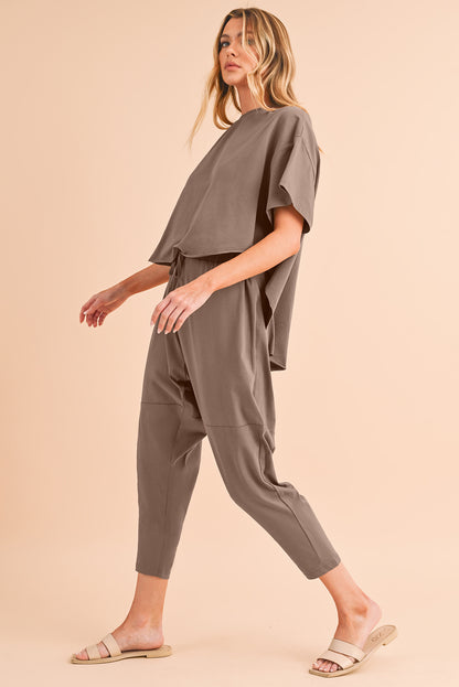 Taupe Batwing Sleeve High Low Tee and Drawstring Crop Pants Set