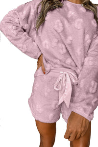 Light Grey Textured Cheetah Fleece Loose Two Piece Pajama Set